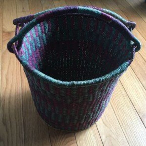 Vintage Large Purple Green Woven Bolga Storage Market Basket Handles 12” - Picture 2 of 5